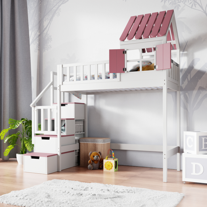 rosa Mädchenhausbett mit Dach und Treppe